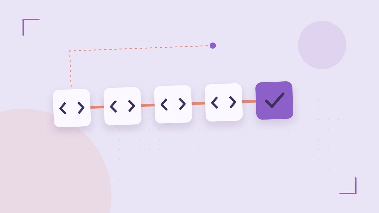 Editorial illustration of a branching build pipeline, staged transformations and a completed check