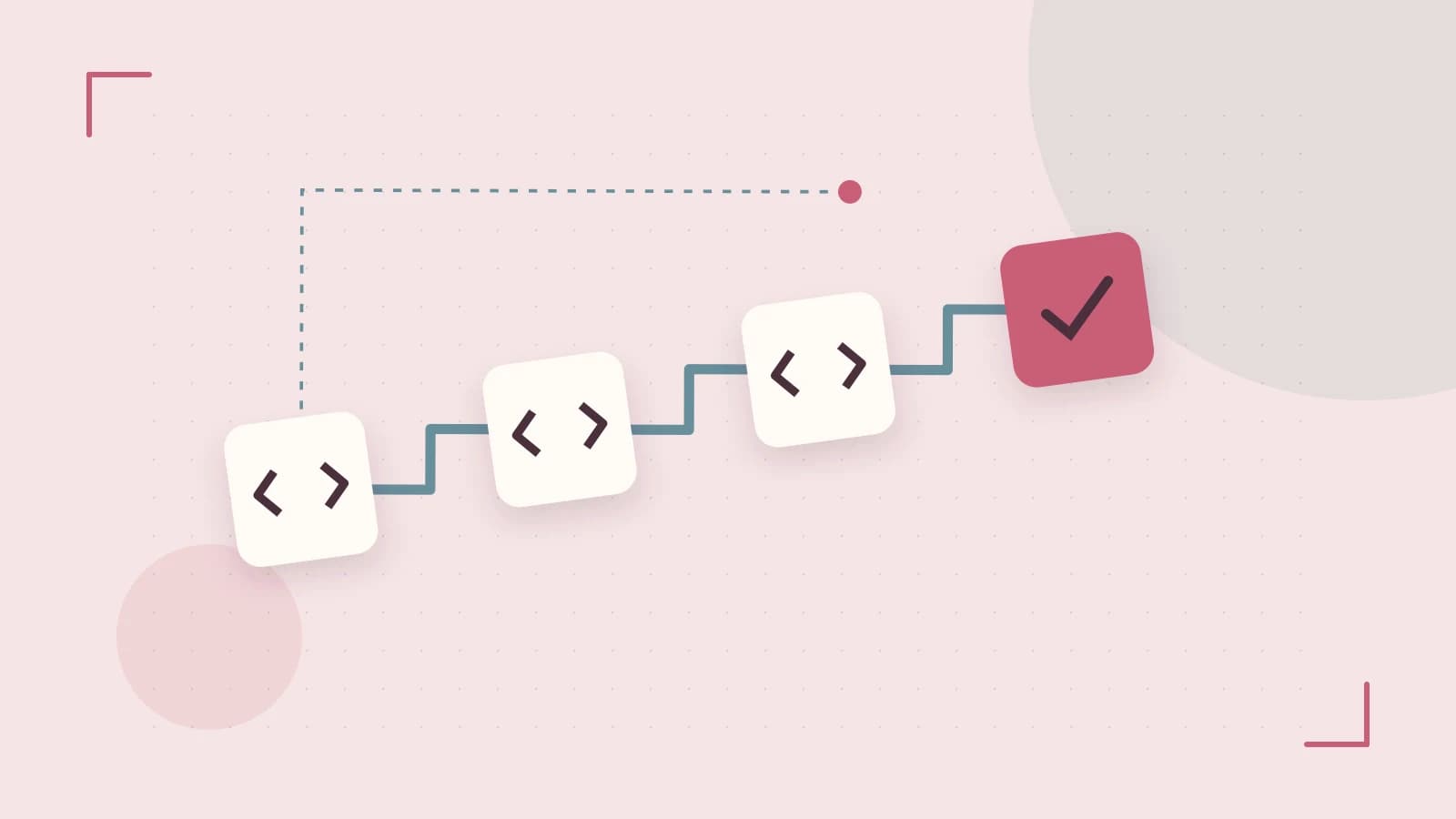 Editorial illustration of a branching build pipeline, staged transformations and a completed check