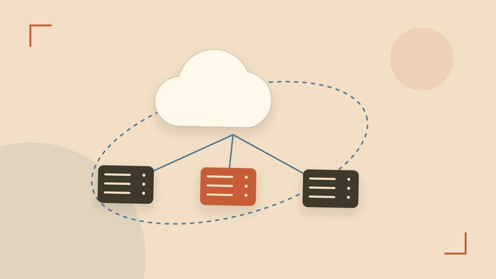 Editorial illustration of cloud infrastructure, connected server racks and an orbital service map