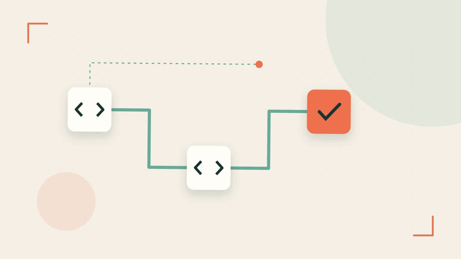 Editorial illustration of a branching build pipeline, staged transformations and a completed check