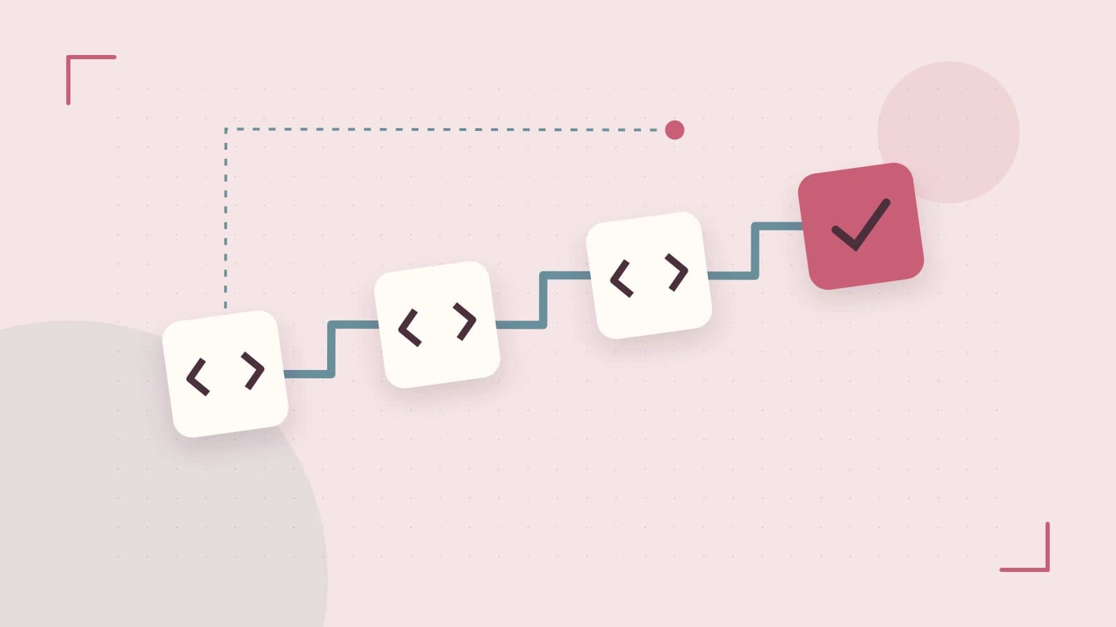 Editorial illustration of a branching build pipeline, staged transformations and a completed check