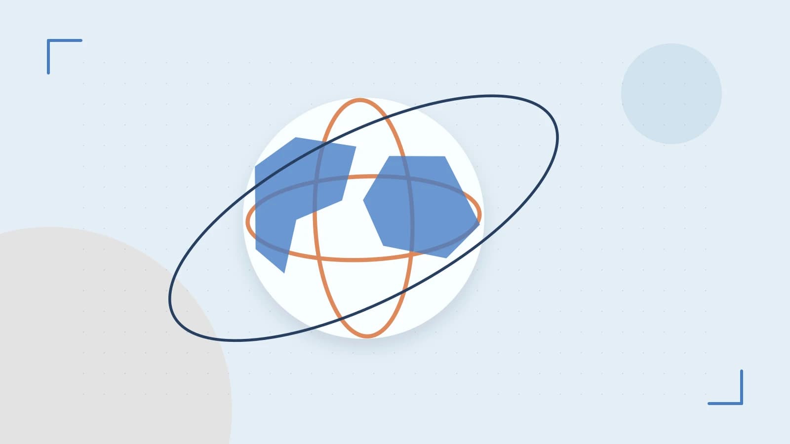 Editorial illustration of an editorial globe with meridians and layered geographic shapes