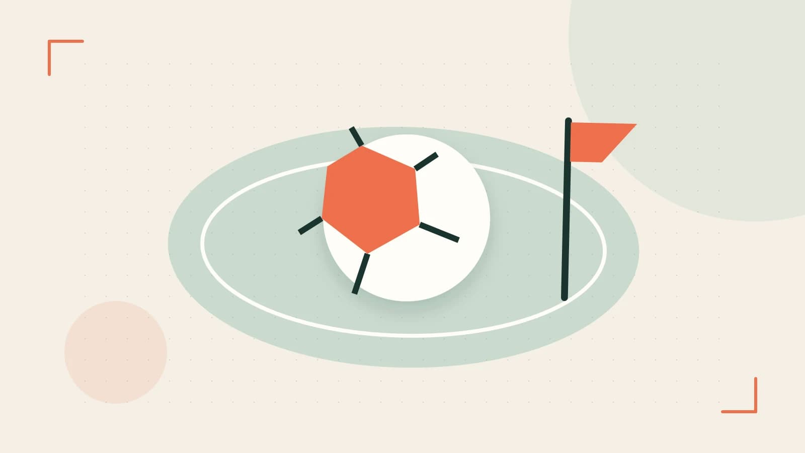 Editorial illustration of a stylized sports ball, stadium geometry and dynamic arcs
