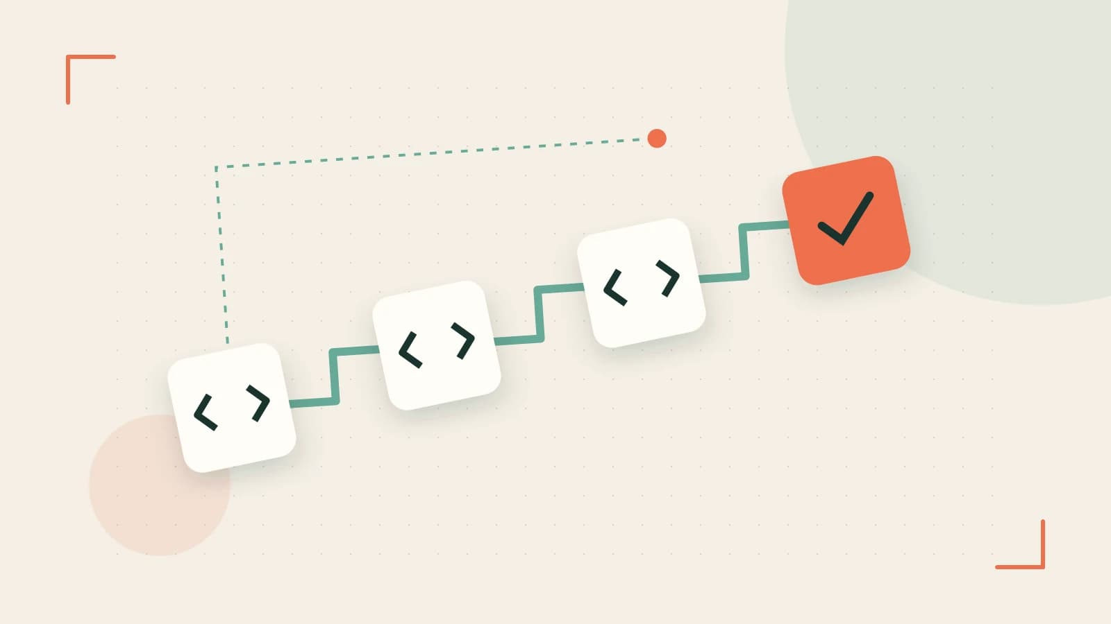 Editorial illustration of a branching build pipeline, staged transformations and a completed check