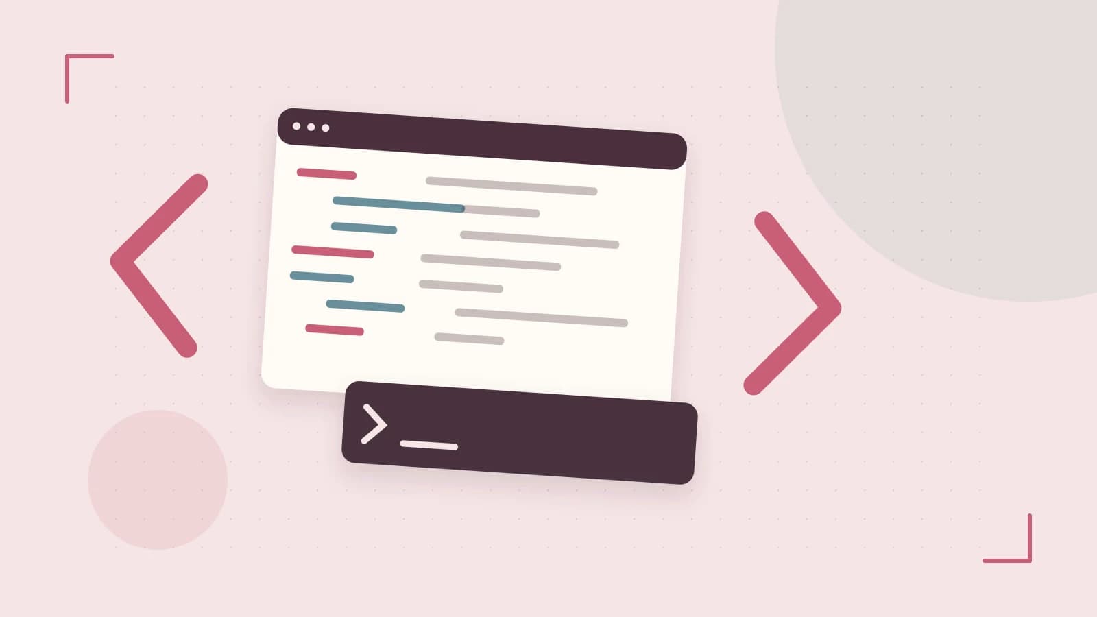 Editorial illustration of an abstract code editor, syntax blocks and oversized programming brackets