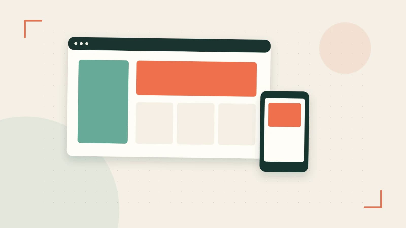 Editorial illustration of responsive browser layouts, overlapping design components and a color system
