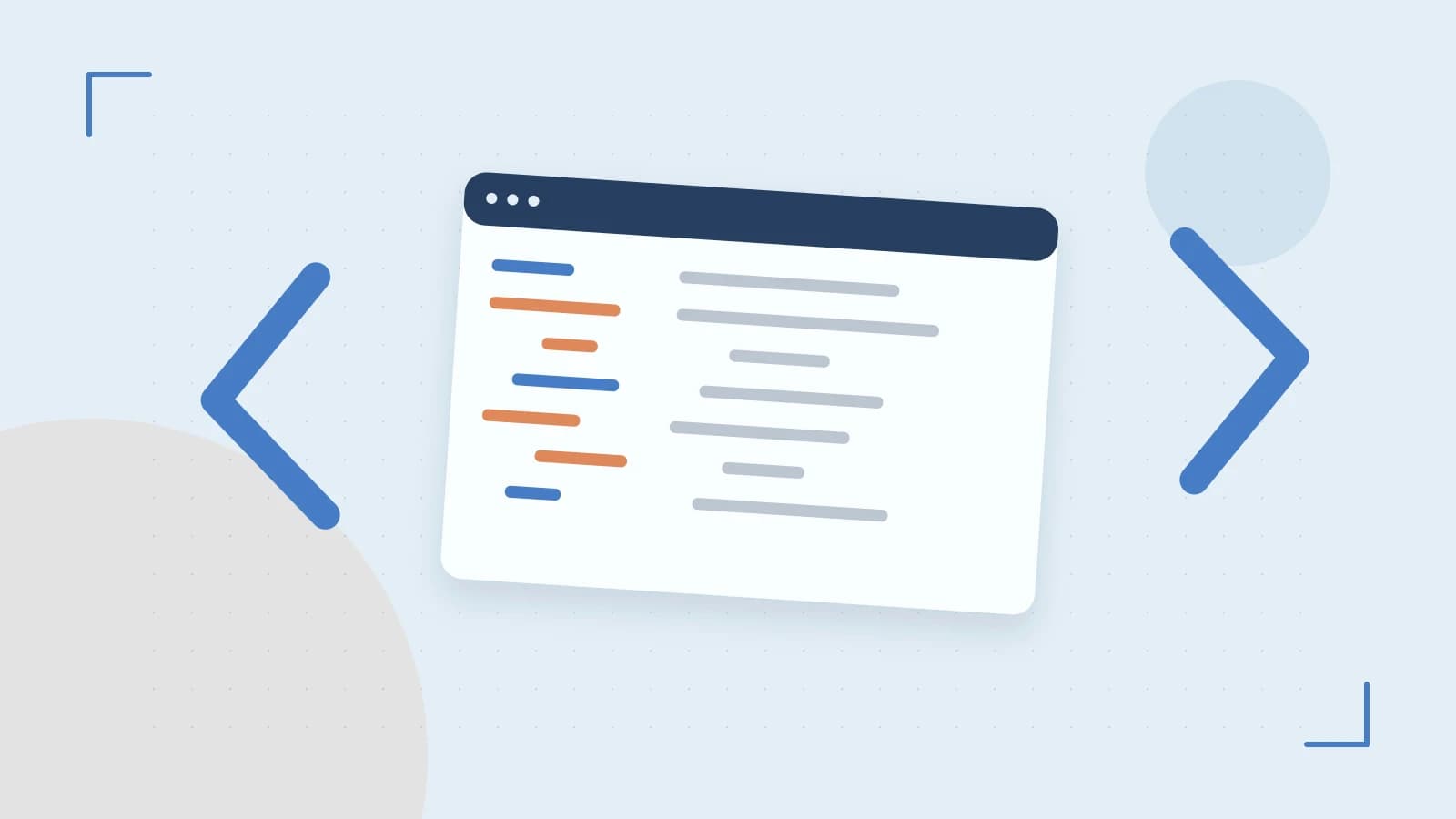 Editorial illustration of an abstract code editor, syntax blocks and oversized programming brackets