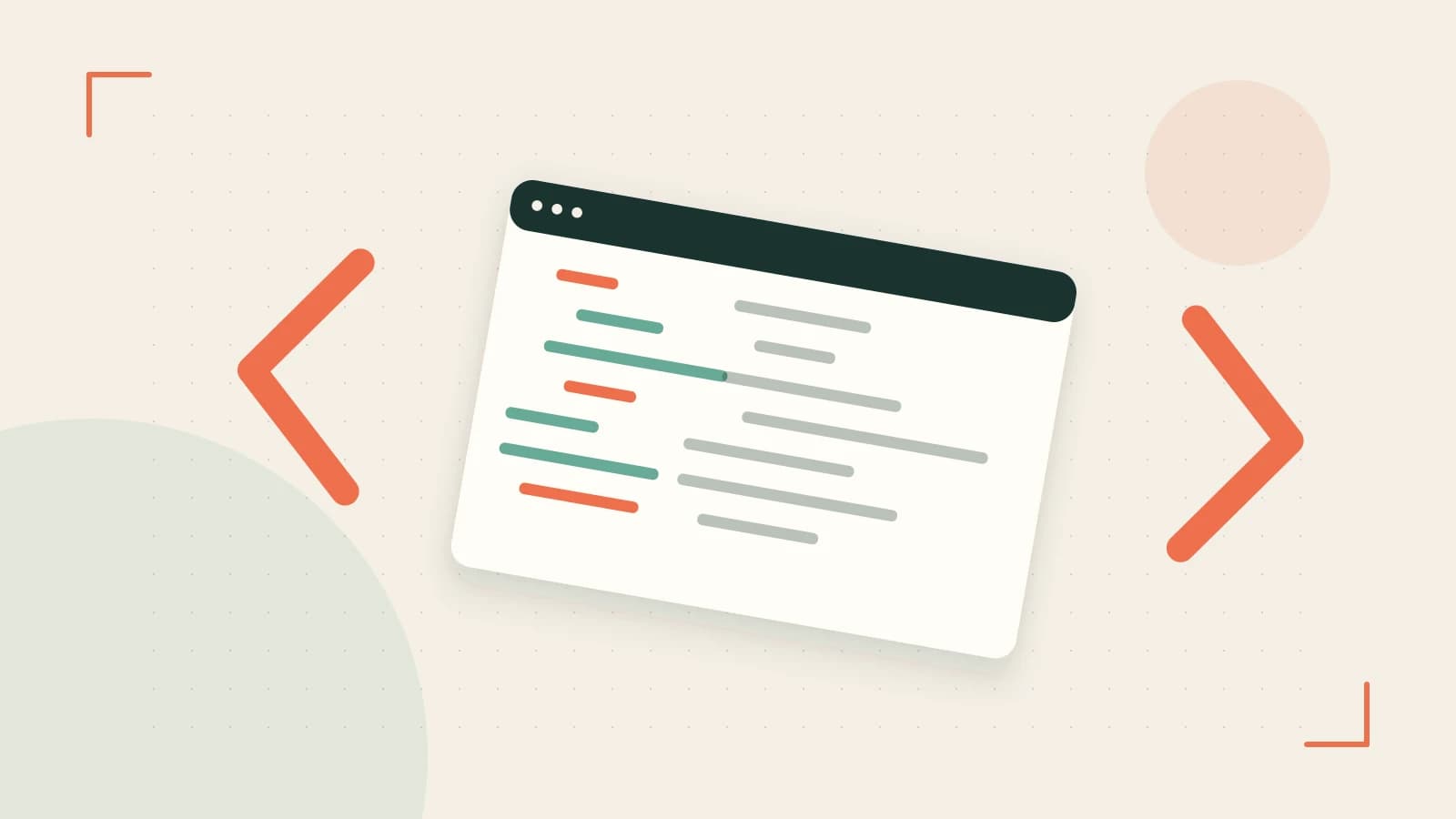 Editorial illustration of an abstract code editor, syntax blocks and oversized programming brackets