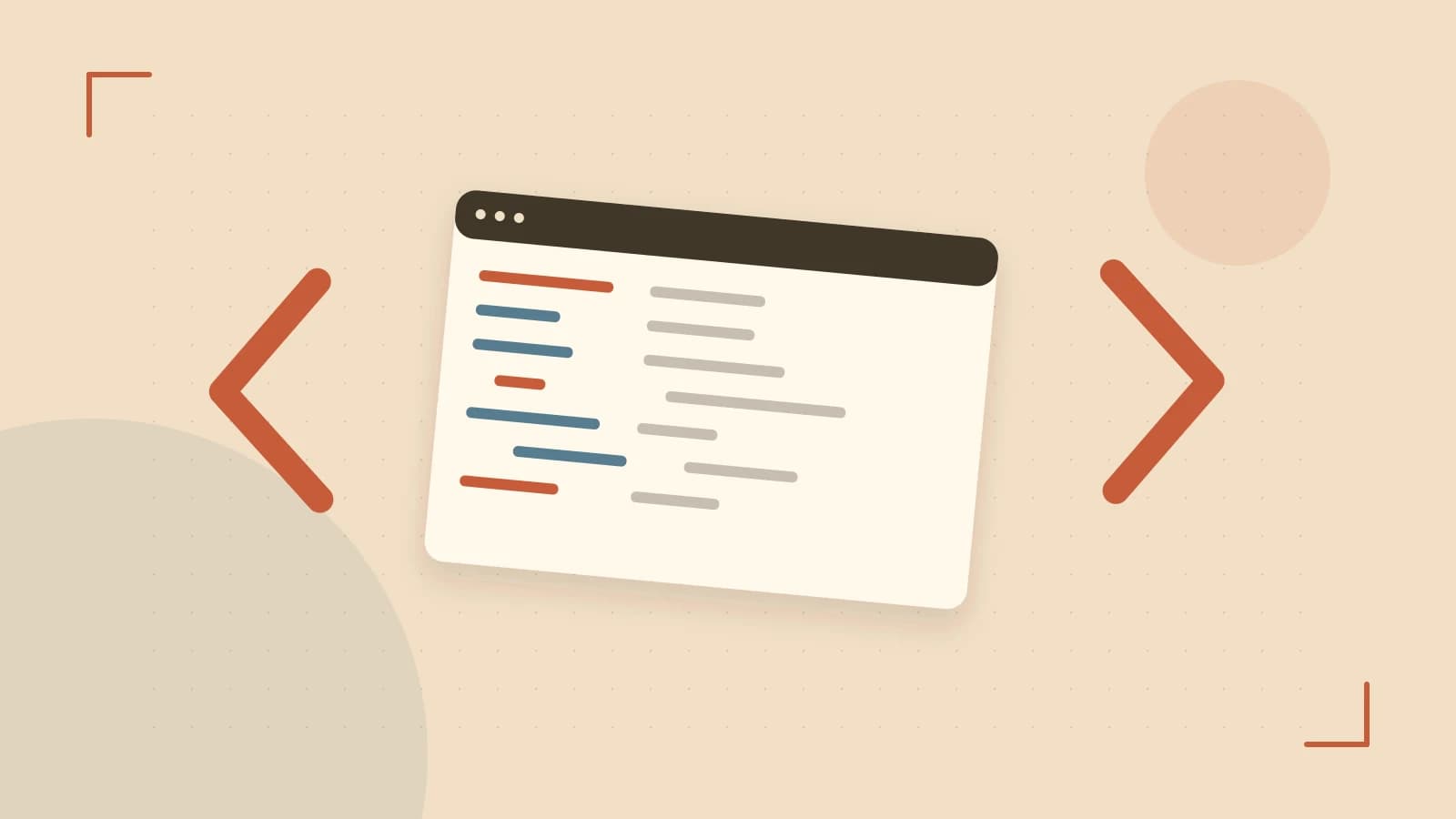 Editorial illustration of an abstract code editor, syntax blocks and oversized programming brackets