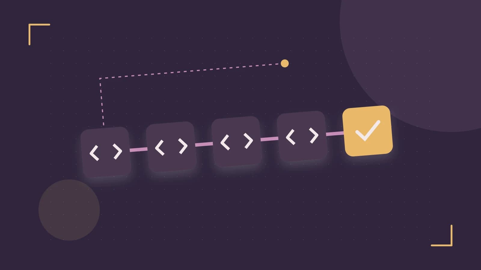Editorial illustration of a branching build pipeline, staged transformations and a completed check