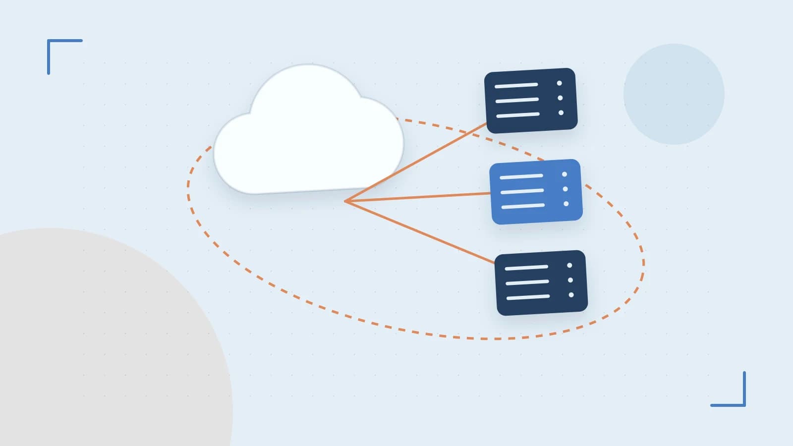 Editorial illustration of cloud infrastructure, connected server racks and an orbital service map