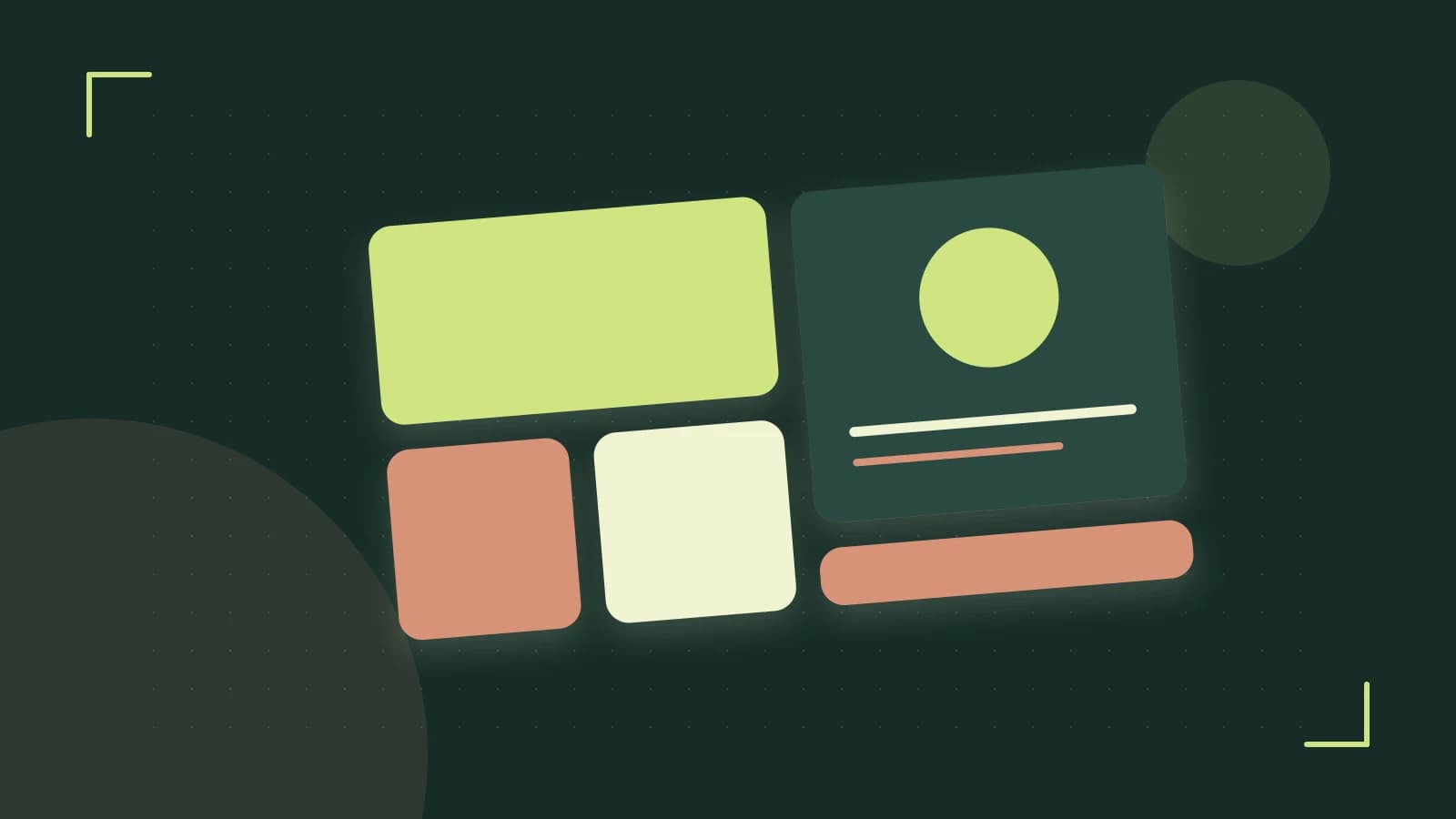 Editorial illustration of responsive browser layouts, overlapping design components and a color system