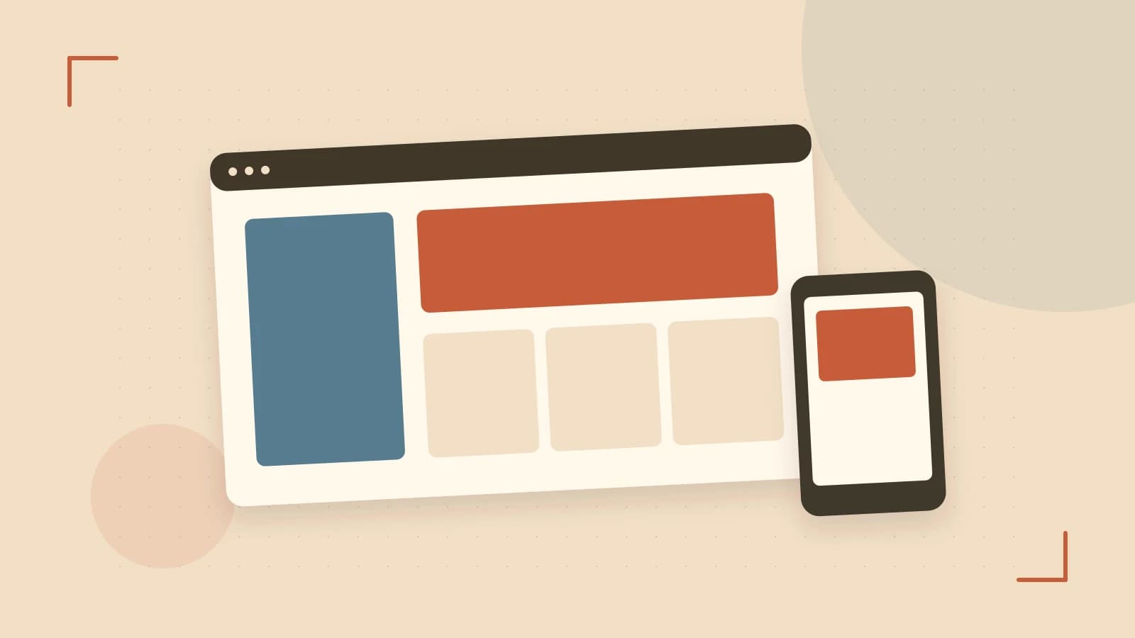 Editorial illustration of responsive browser layouts, overlapping design components and a color system