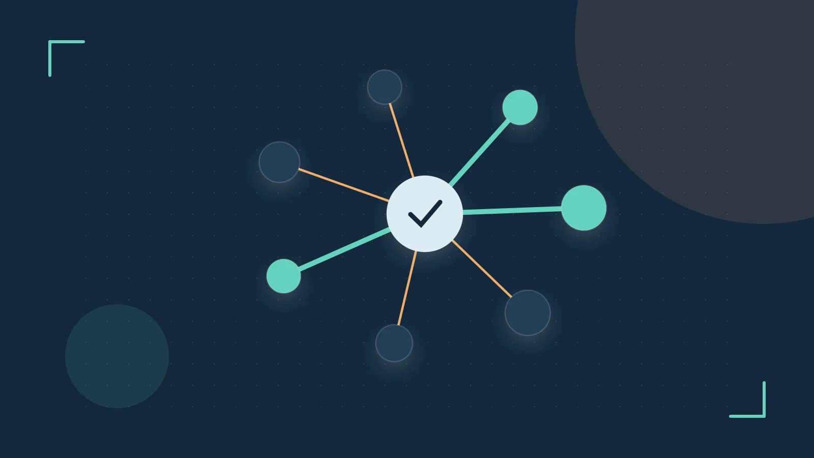Editorial illustration of an algorithmic node graph with branching paths and a highlighted result