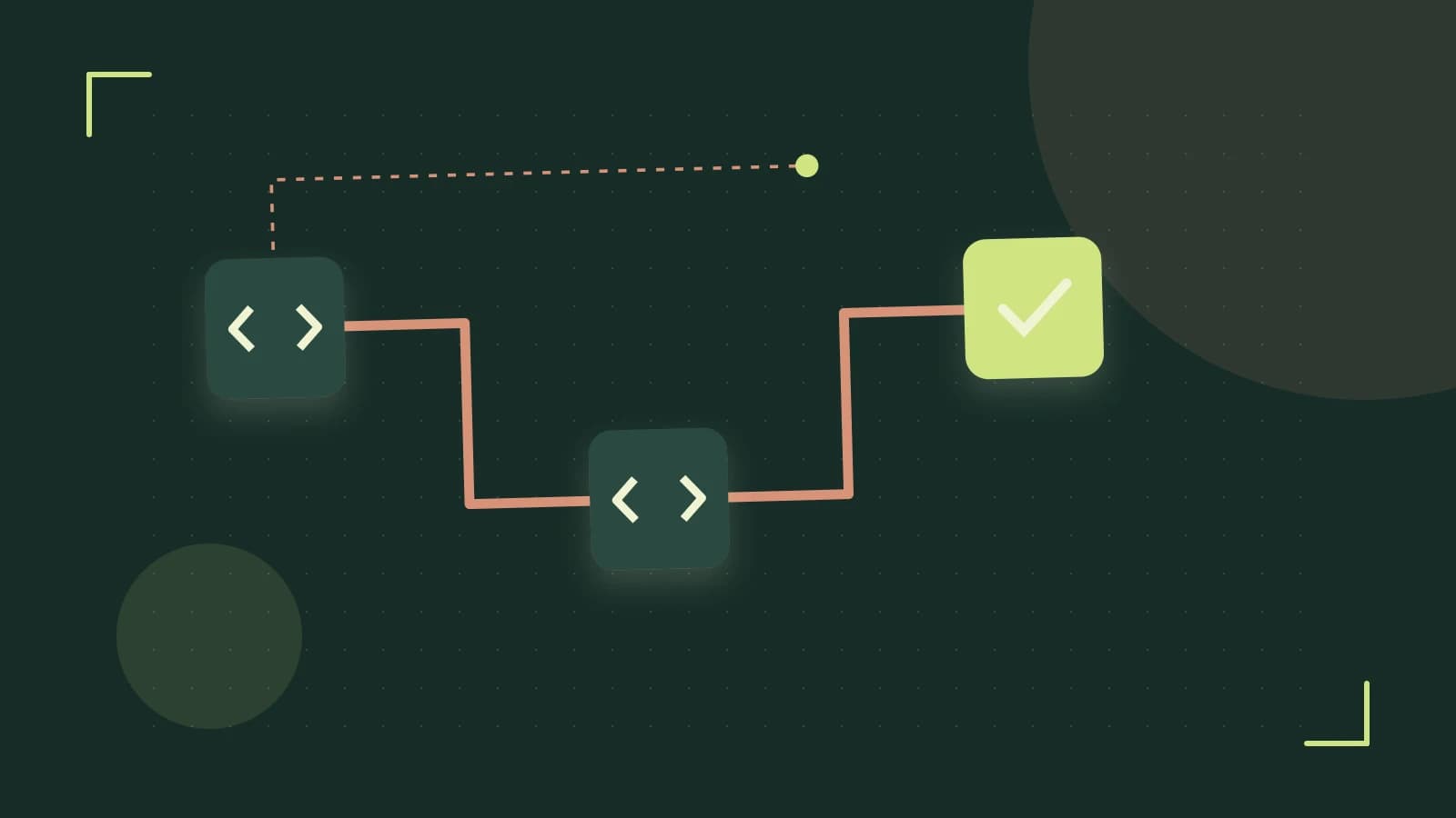 Editorial illustration of a branching build pipeline, staged transformations and a completed check