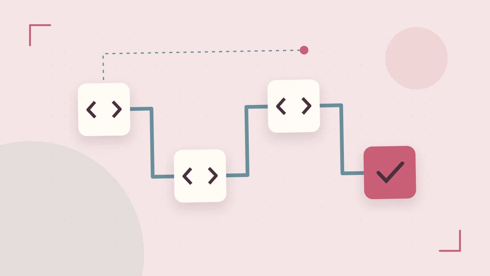Editorial illustration of a branching build pipeline, staged transformations and a completed check