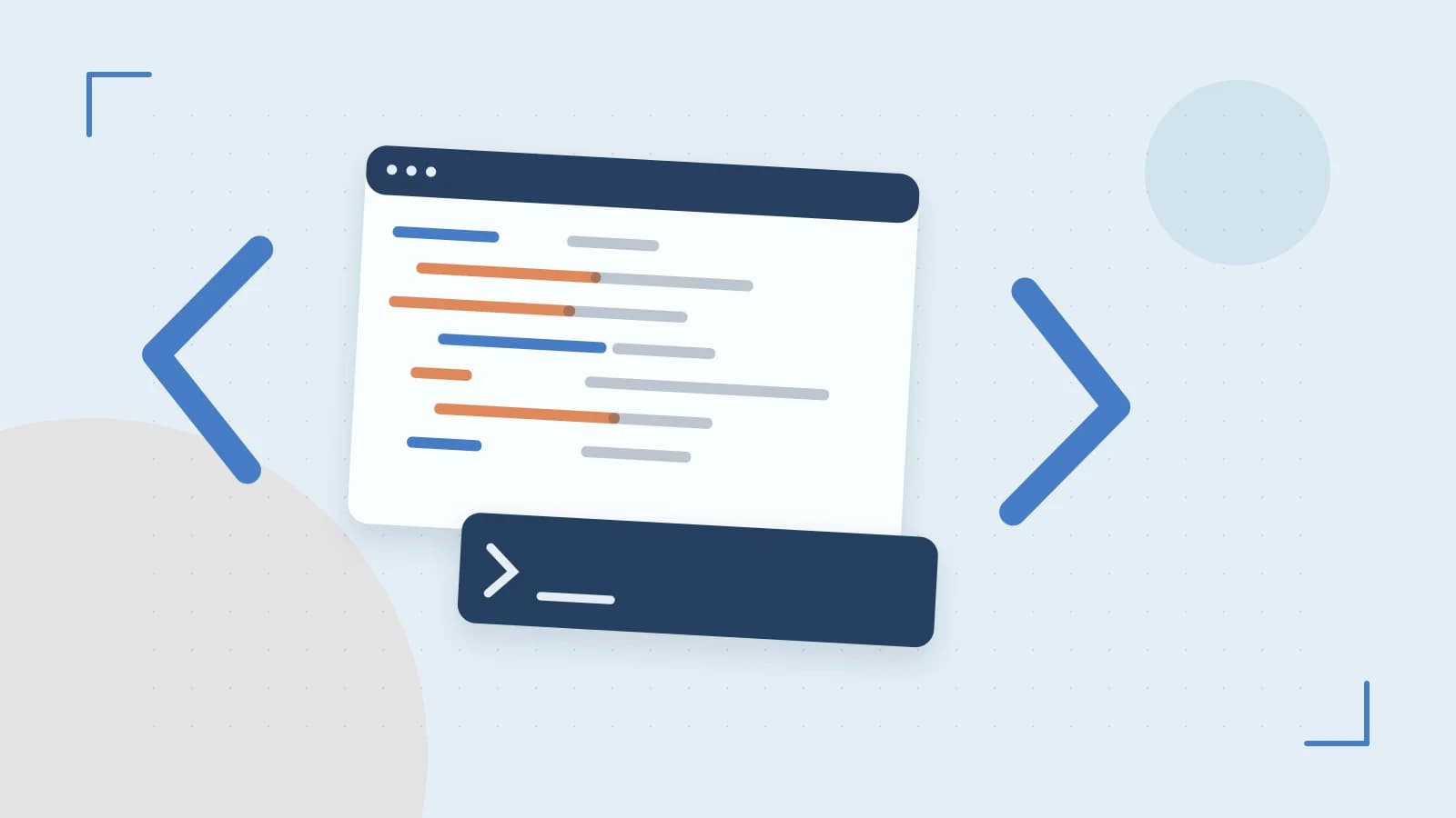 Editorial illustration of an abstract code editor, syntax blocks and oversized programming brackets