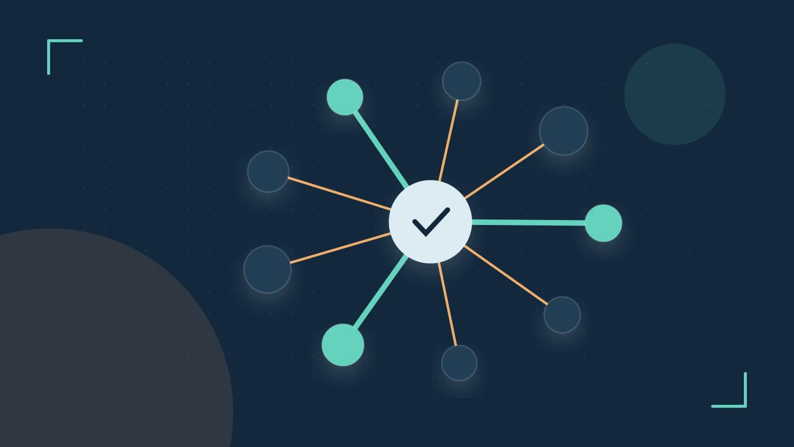 Editorial illustration of an algorithmic node graph with branching paths and a highlighted result
