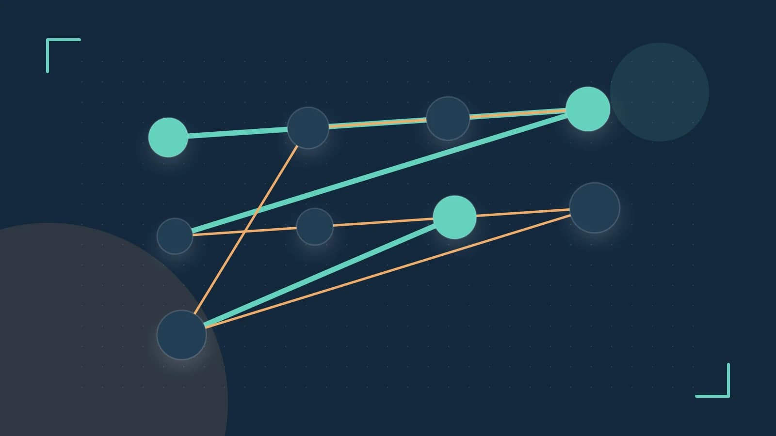 Editorial illustration of an algorithmic node graph with branching paths and a highlighted result