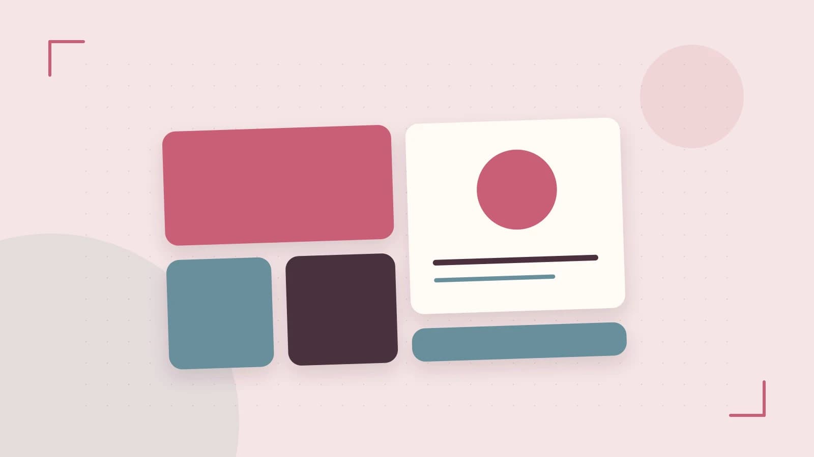 Editorial illustration of responsive browser layouts, overlapping design components and a color system