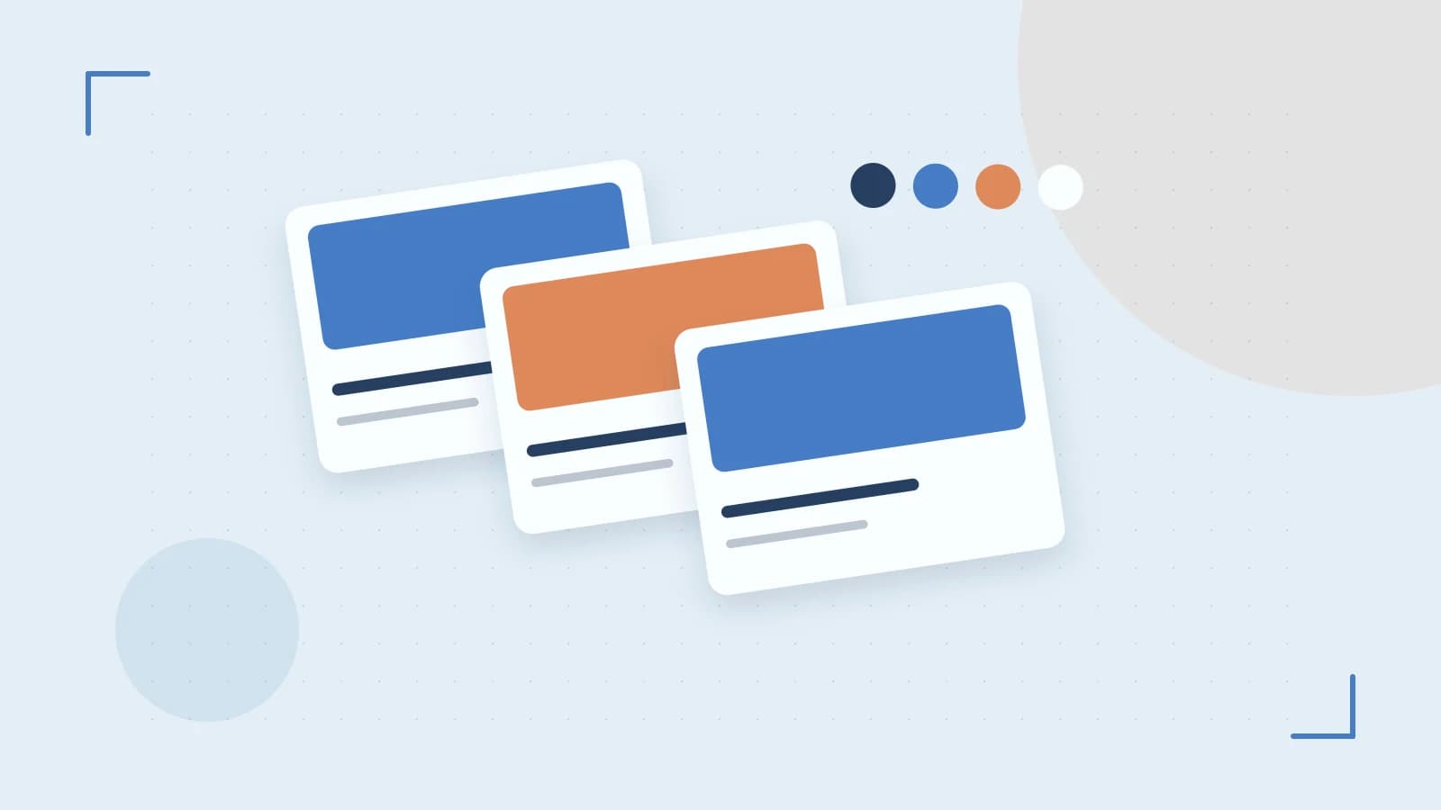 Editorial illustration of responsive browser layouts, overlapping design components and a color system