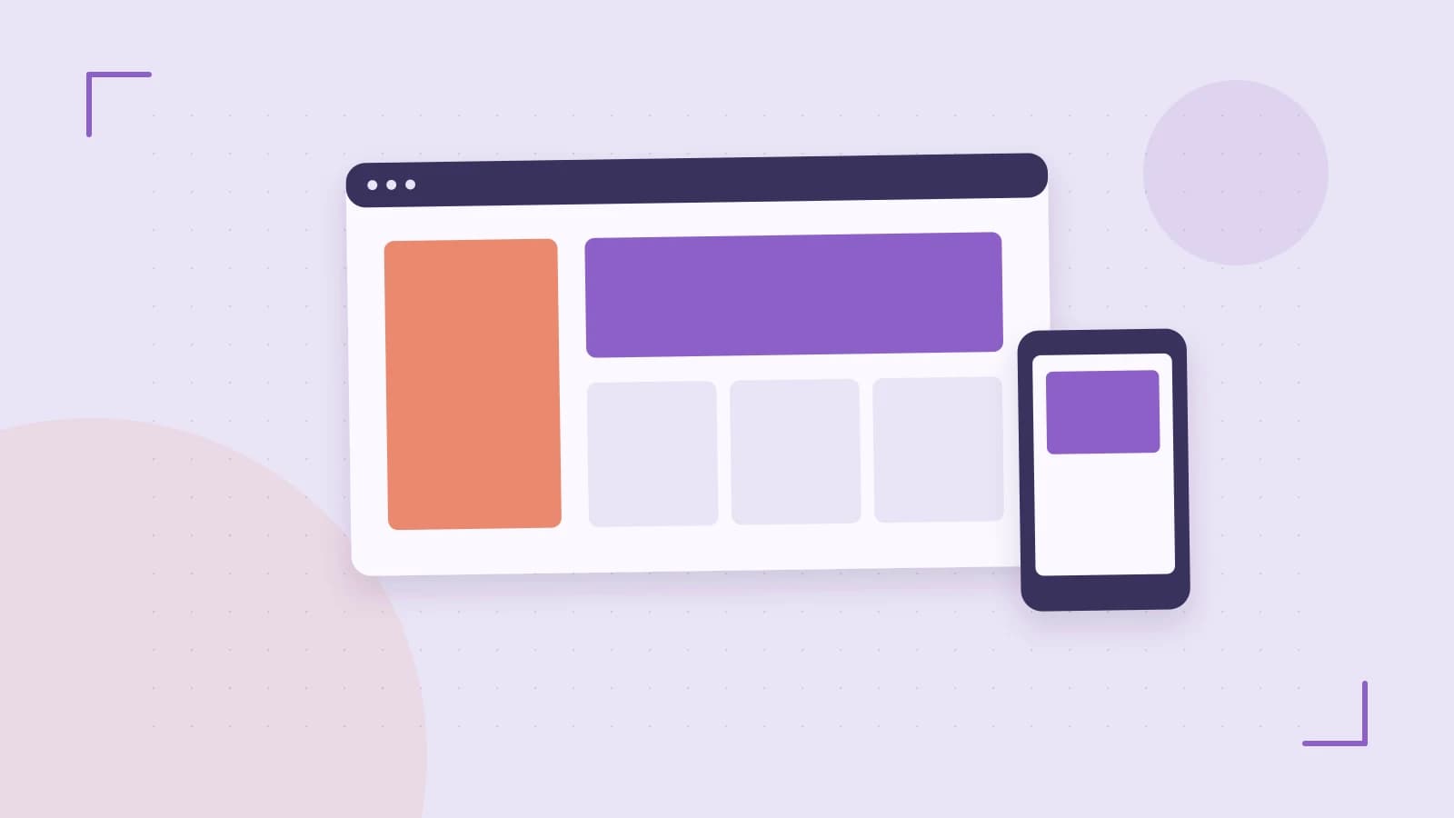Editorial illustration of responsive browser layouts, overlapping design components and a color system