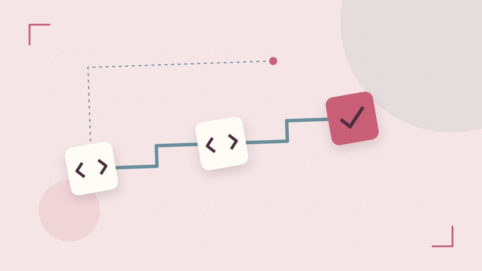 Editorial illustration of a branching build pipeline, staged transformations and a completed check