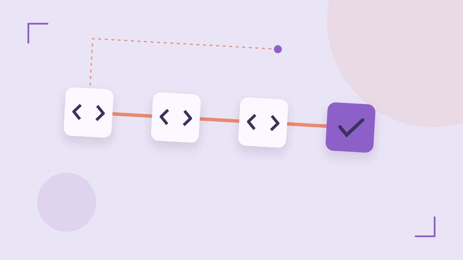 Editorial illustration of a branching build pipeline, staged transformations and a completed check
