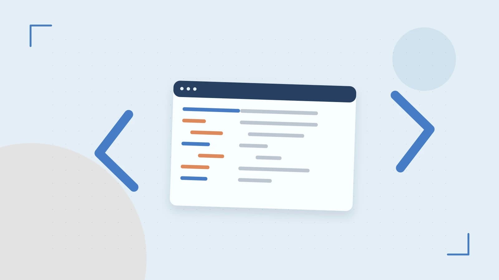Editorial illustration of an abstract code editor, syntax blocks and oversized programming brackets