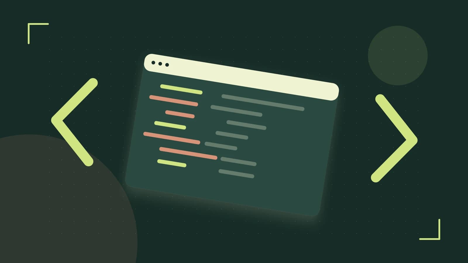 Editorial illustration of an abstract code editor, syntax blocks and oversized programming brackets