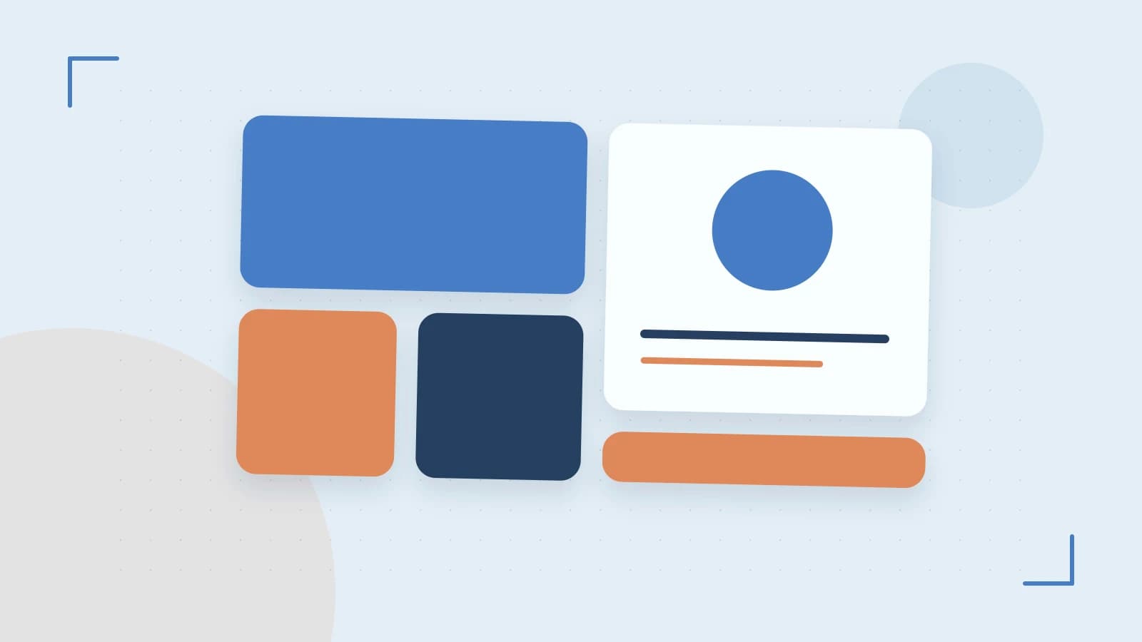 Editorial illustration of responsive browser layouts, overlapping design components and a color system