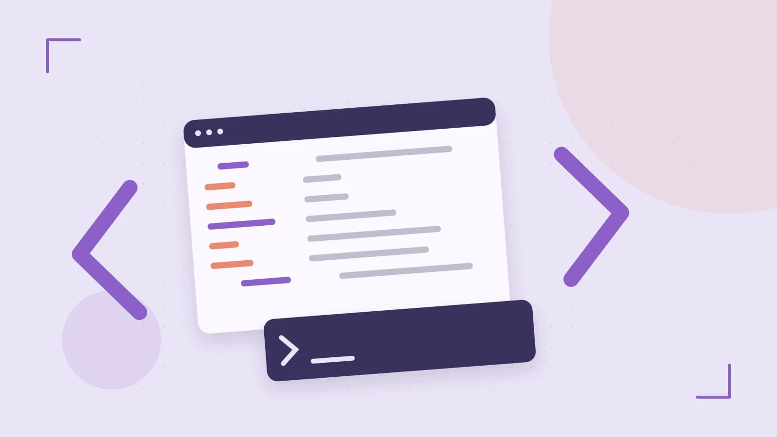 Editorial illustration of an abstract code editor, syntax blocks and oversized programming brackets