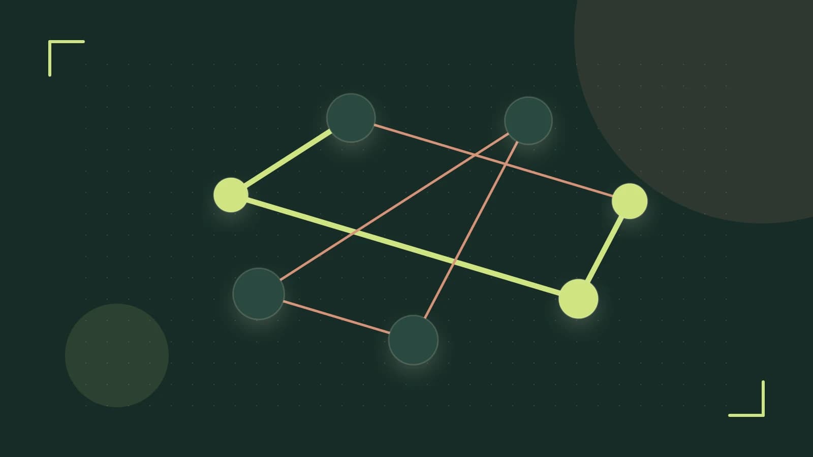Editorial illustration of an algorithmic node graph with branching paths and a highlighted result