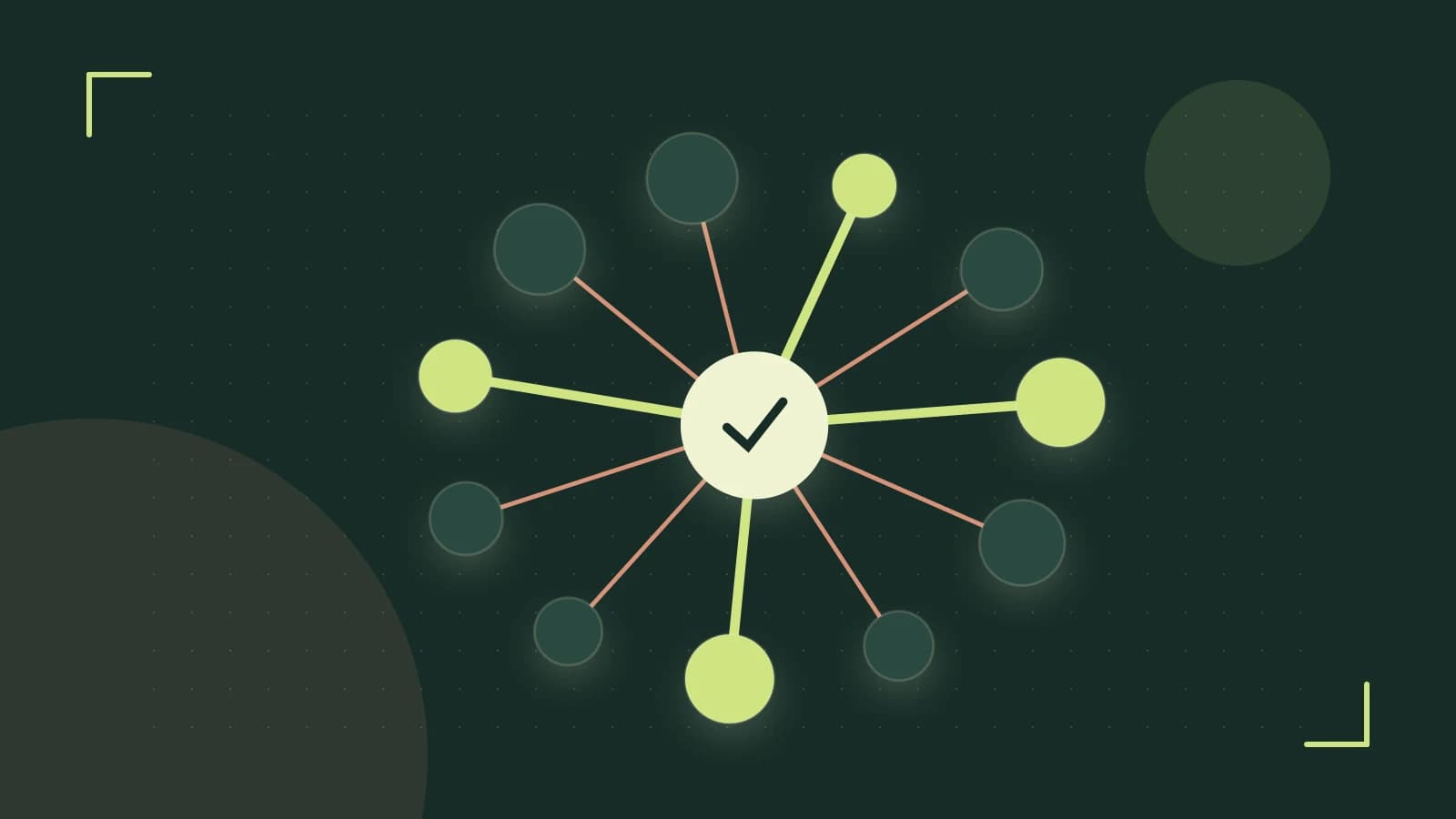 Editorial illustration of an algorithmic node graph with branching paths and a highlighted result