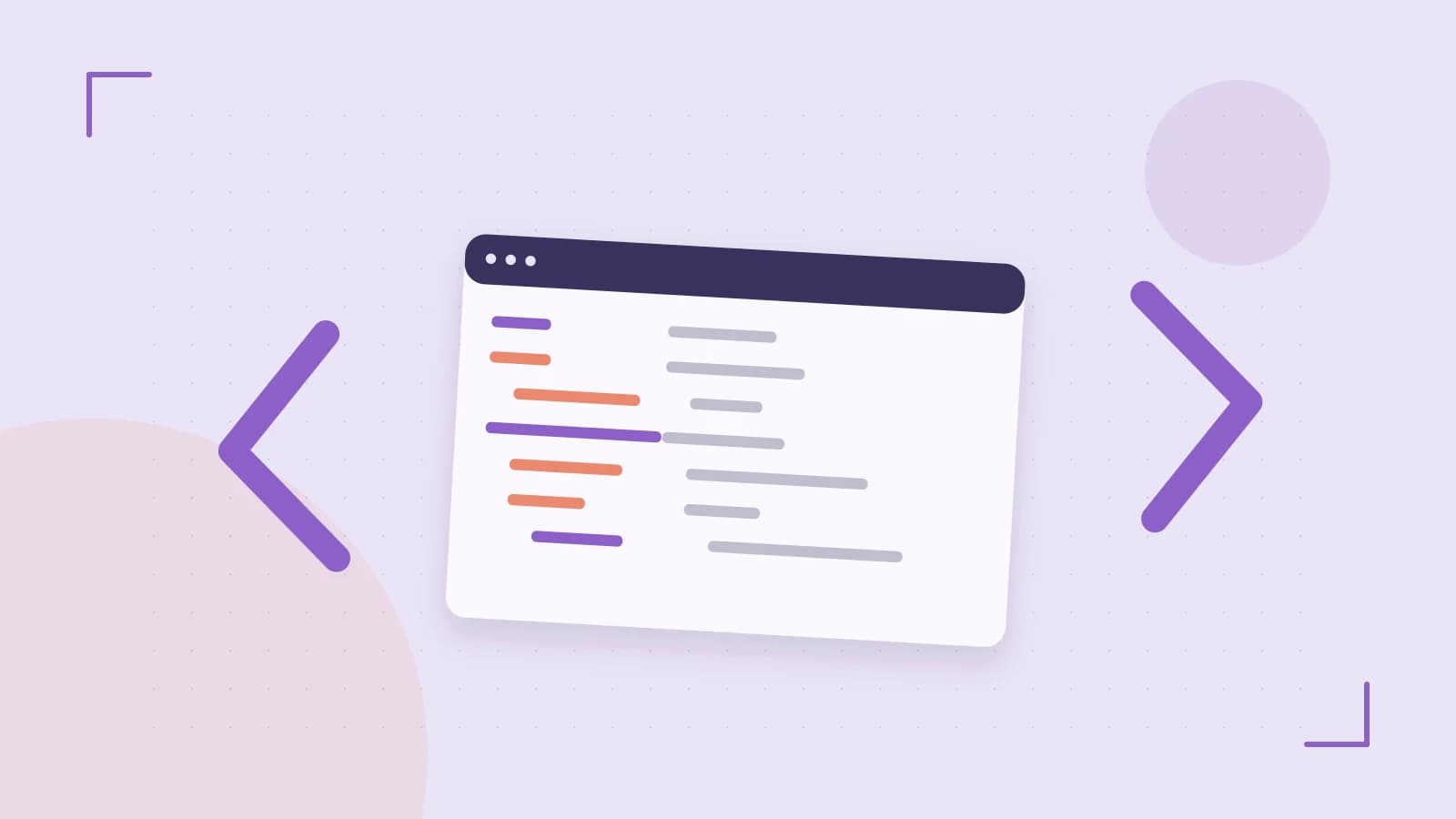 Editorial illustration of an abstract code editor, syntax blocks and oversized programming brackets