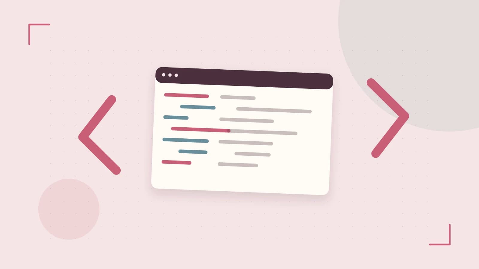 Editorial illustration of an abstract code editor, syntax blocks and oversized programming brackets