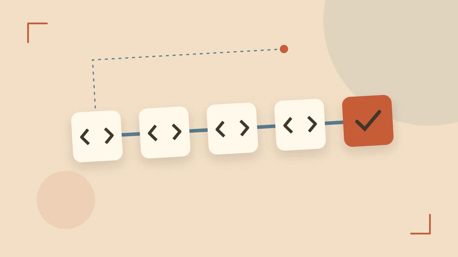 Editorial illustration of a branching build pipeline, staged transformations and a completed check