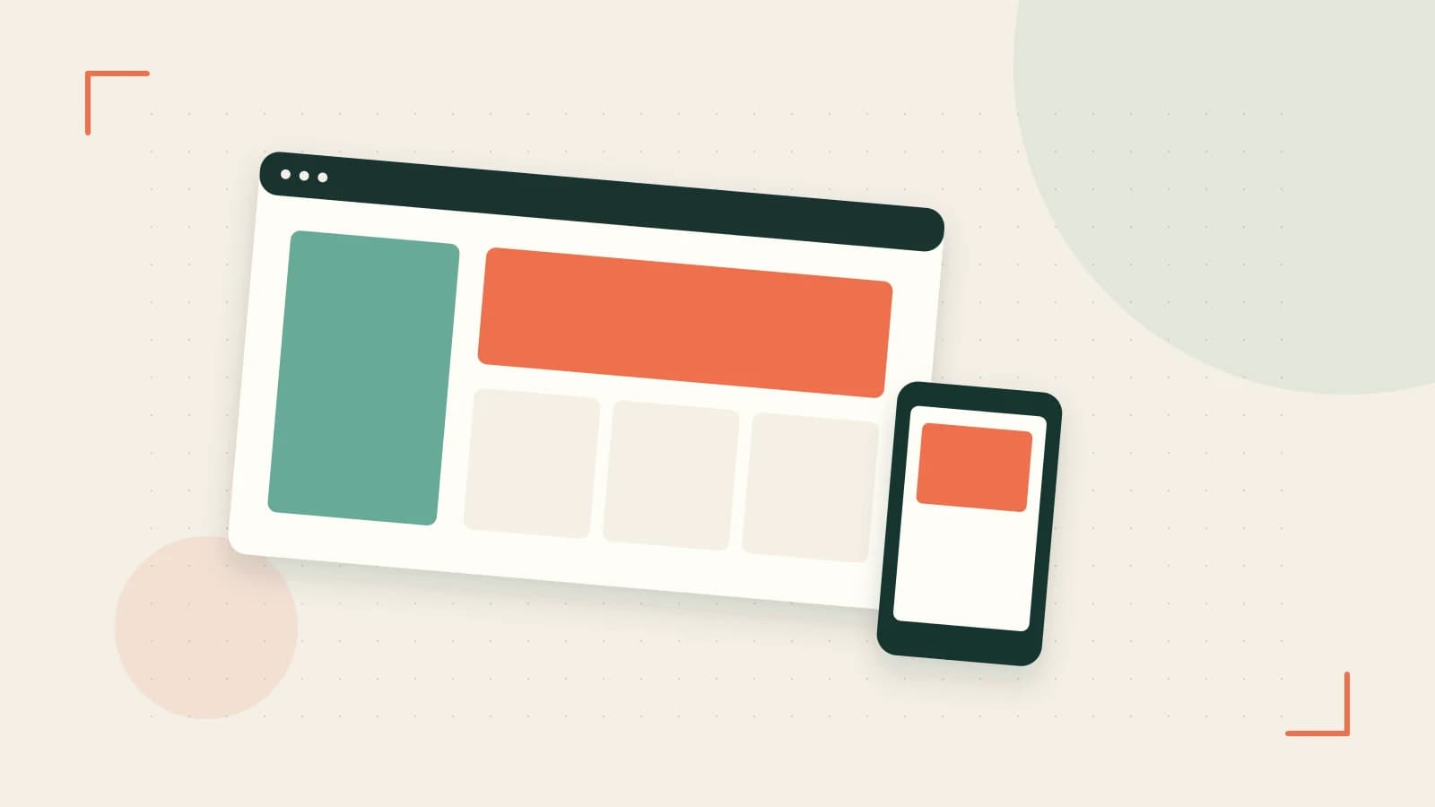 Editorial illustration of responsive browser layouts, overlapping design components and a color system