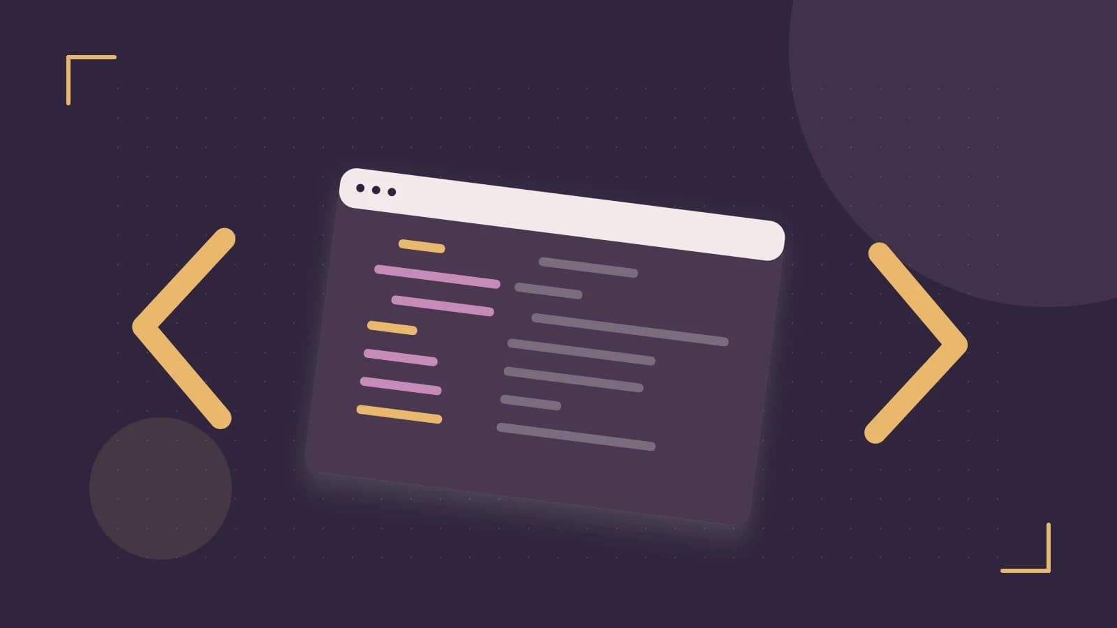 Editorial illustration of an abstract code editor, syntax blocks and oversized programming brackets