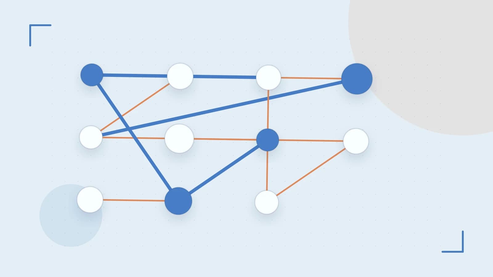 Editorial illustration of an algorithmic node graph with branching paths and a highlighted result