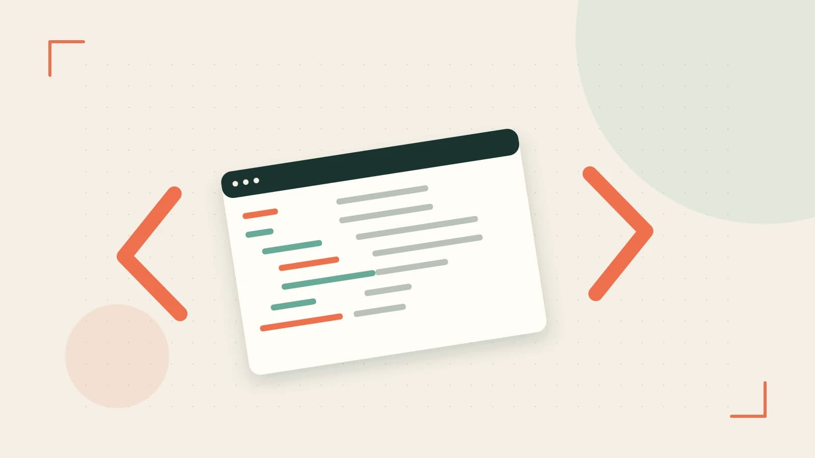 Editorial illustration of an abstract code editor, syntax blocks and oversized programming brackets