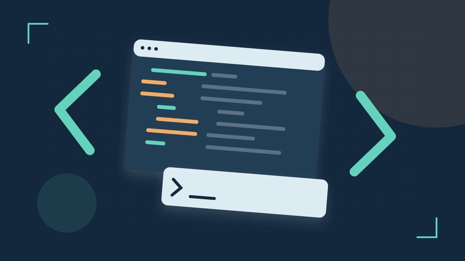 Editorial illustration of an abstract code editor, syntax blocks and oversized programming brackets