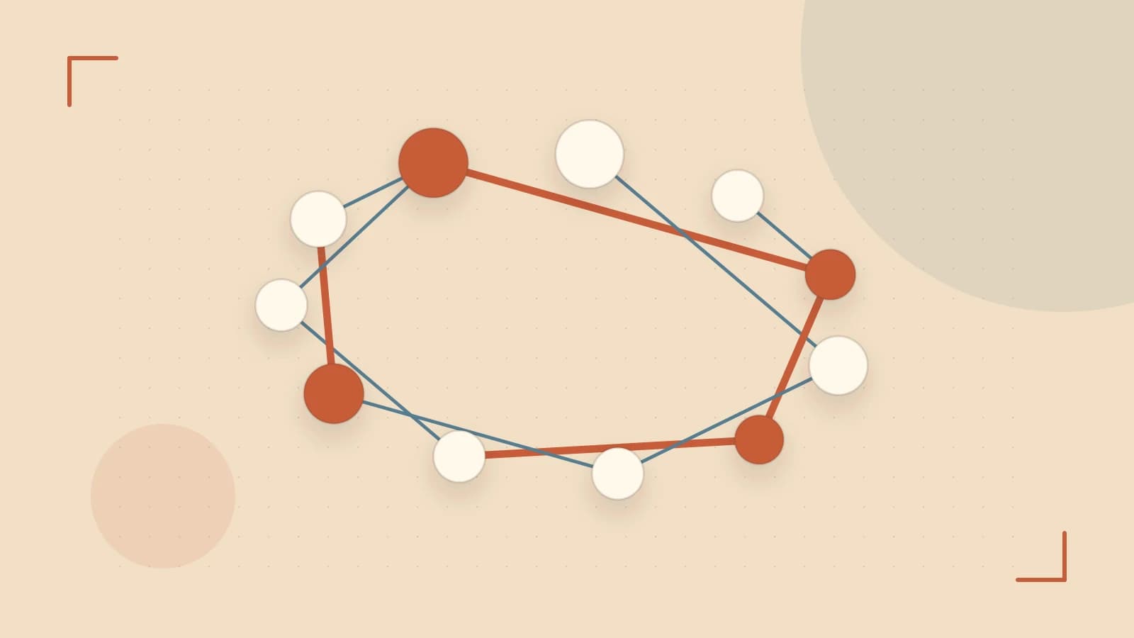 Editorial illustration of an algorithmic node graph with branching paths and a highlighted result