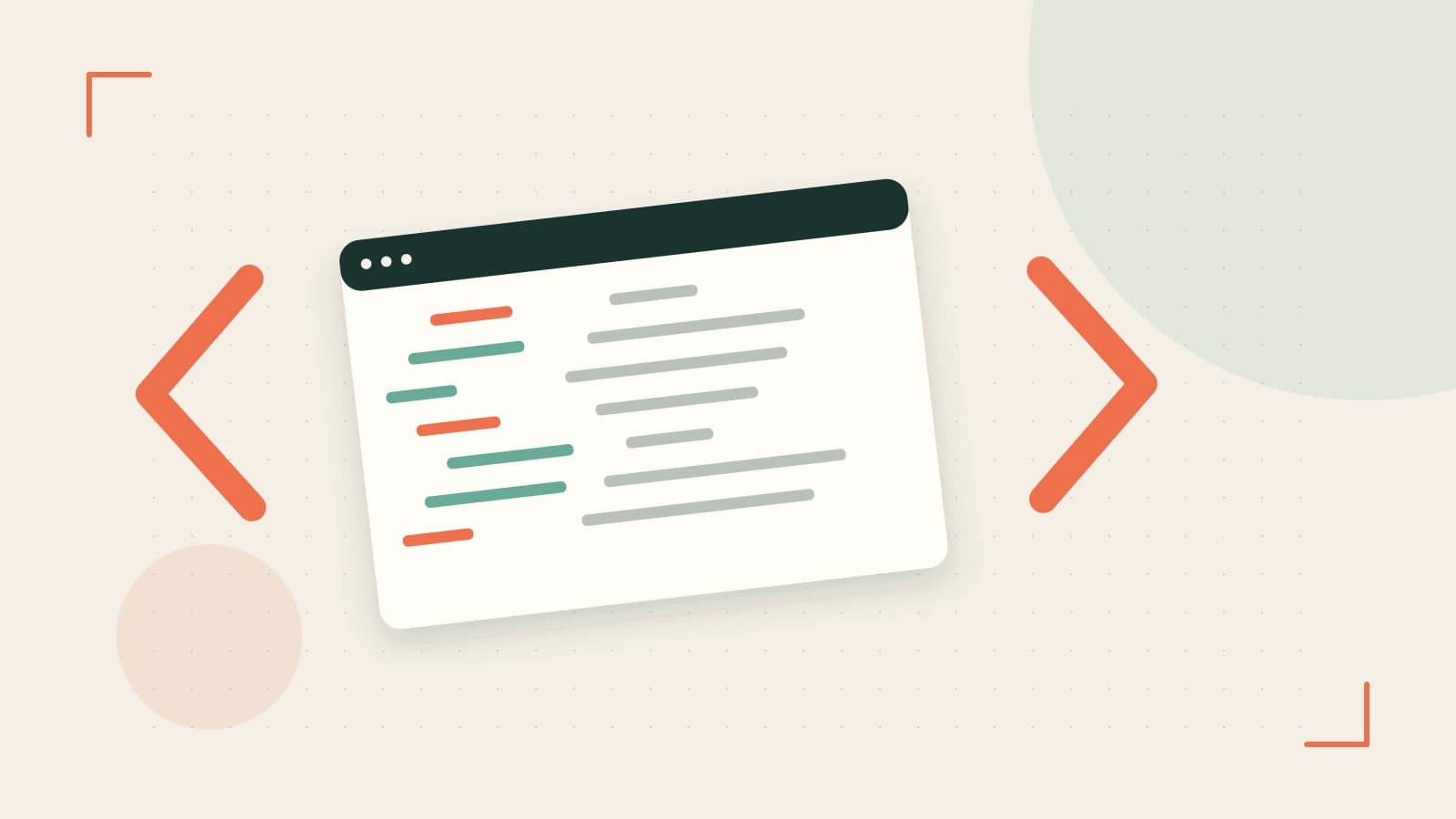 Editorial illustration of an abstract code editor, syntax blocks and oversized programming brackets