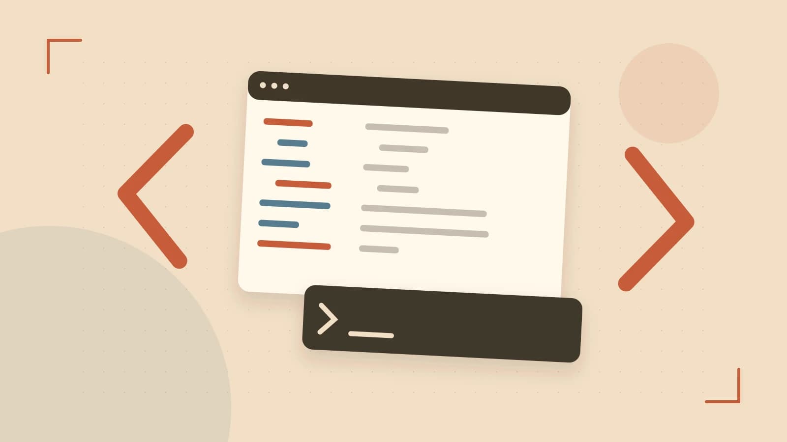Editorial illustration of an abstract code editor, syntax blocks and oversized programming brackets