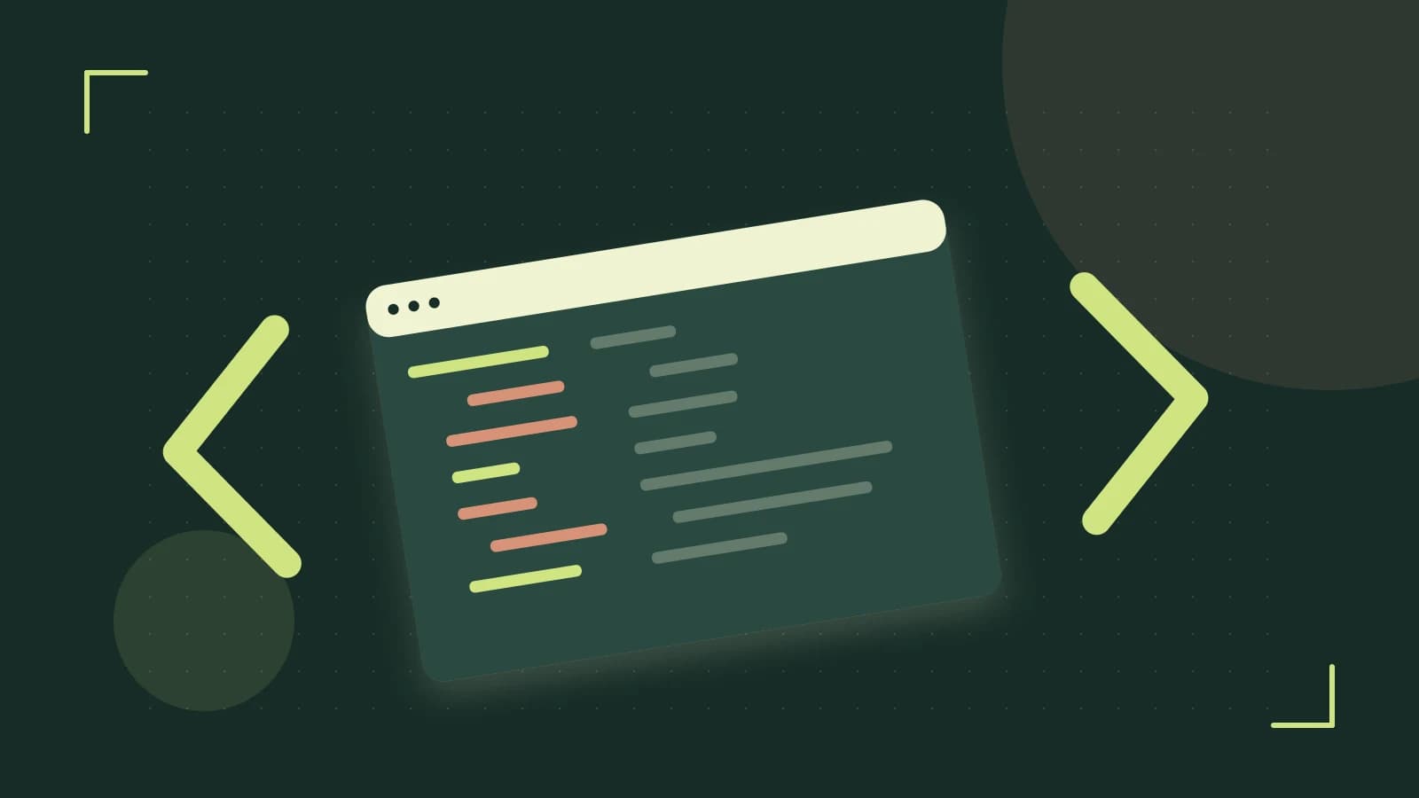 Editorial illustration of an abstract code editor, syntax blocks and oversized programming brackets