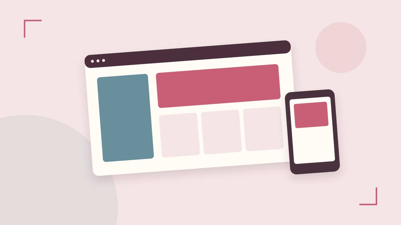Editorial illustration of responsive browser layouts, overlapping design components and a color system