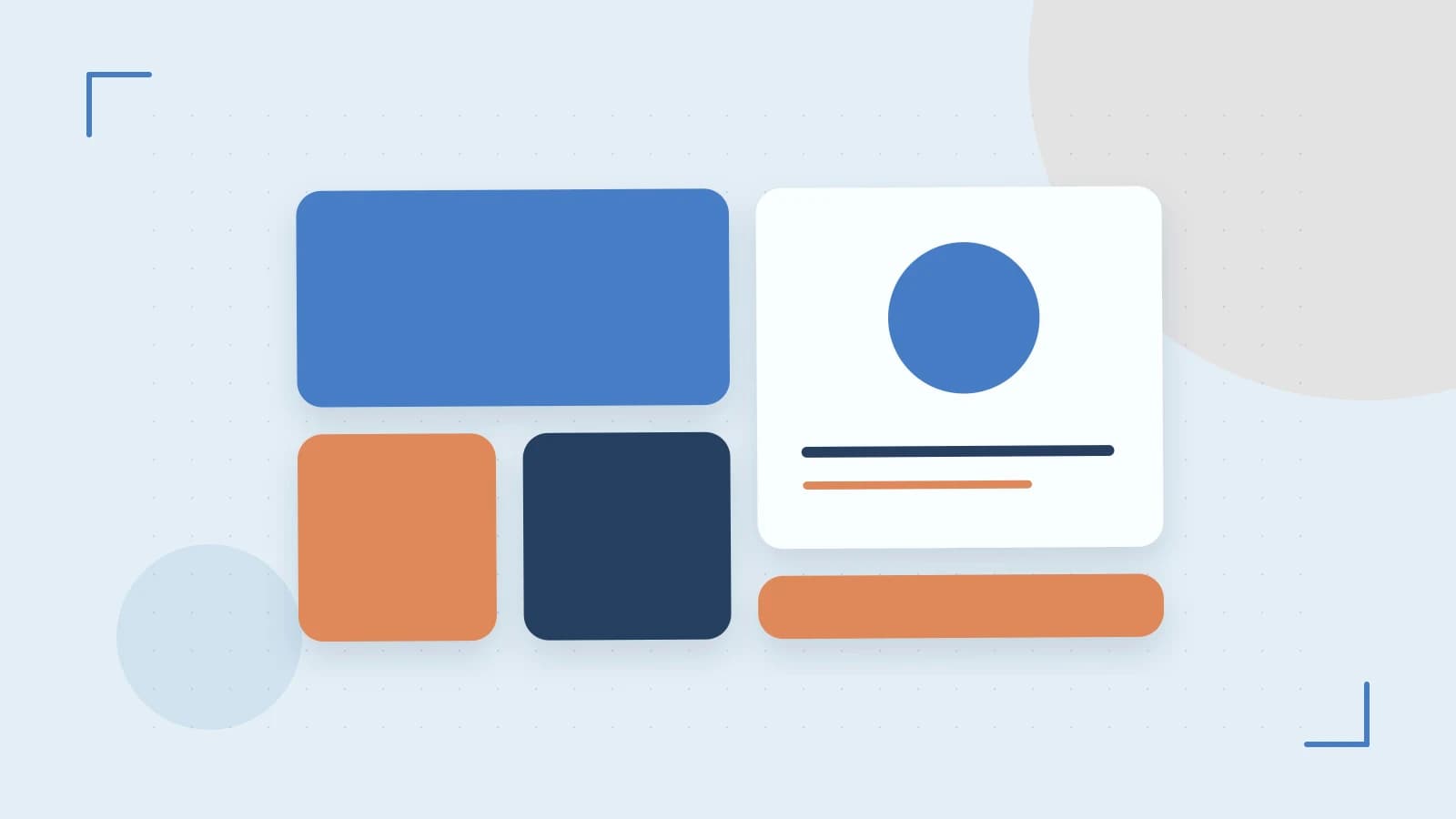 Editorial illustration of responsive browser layouts, overlapping design components and a color system