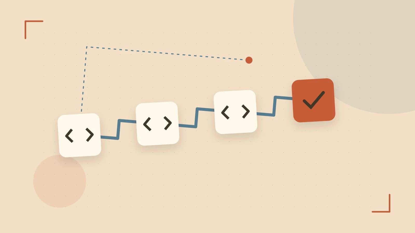 Editorial illustration of a branching build pipeline, staged transformations and a completed check