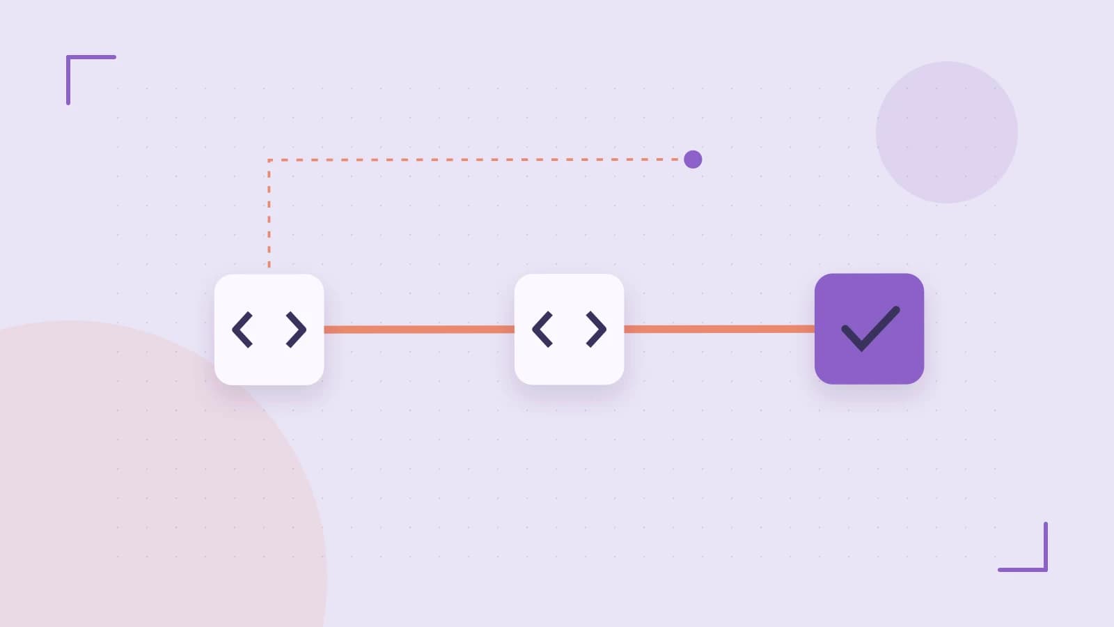 Editorial illustration of a branching build pipeline, staged transformations and a completed check